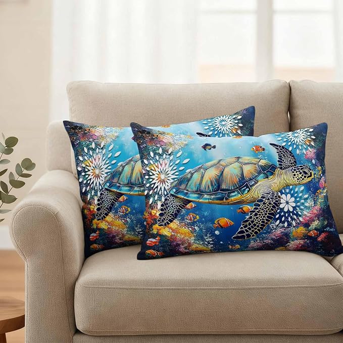 Turtle Waterproof Outdoor Pillow Covers Set of 2 Home Decor, Ocean Fish Coral Underwater World Cartoon Pillowcase Patio Pillow Covers for Couch Bench Furniture Garden 20x12in