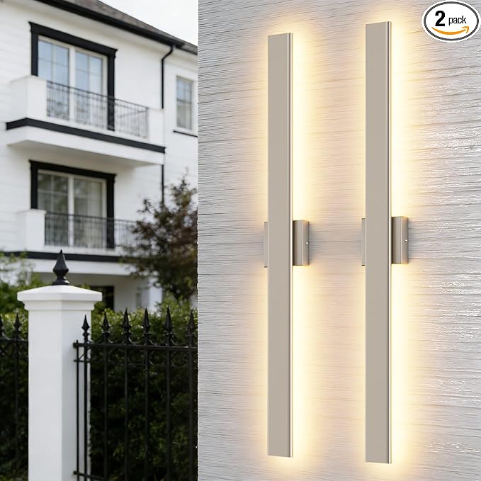 Aipsun 2 Packs Nickel Outdoor Wall Light 39.4inch Modern LED Exterior Wall Sconce, Long LED Linear Exterior Lights 3000K 4000K 6000K for Entrance, Hallway, Garage, Porch(3CCT)