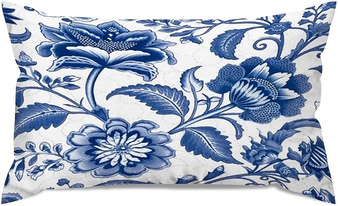 Set of 2 Blue and Ivory Indigo Floral Cushion Cover Case with Zipper 12x20in Canvas Pillow Cover Rectangle Pillow Case for Couch Bed Car Pub Coffee Bar Living Room Decoration