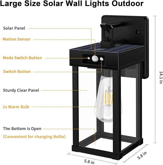 Auzev Outdoor Solar Wall Lights Fixtures Exterior Solar Wall Lantern | Wall Mount Motion Sensor 3 Lighting Modes Modern Sconce Waterproof Outside Lamp for House Garage (Black-1P)