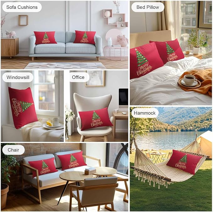 Red Christmas Tree Lumbar Pillow Covers 12 x 20 Inches, Green Xmas Tree with Star Waterproof Throw Pillow Cover Set of 2, Christmas Red Decorative Rectangle Cushion Covers for Patio/Couch