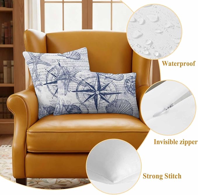 Vintage Nautical Outdoor Waterproof Throw Pillow Covers Set of 2, 26"x26", Summer Navy Blue Compass Shell Starfish Map Decorative Pillow Covers Outside Cushion Case for Patio Porch Garden