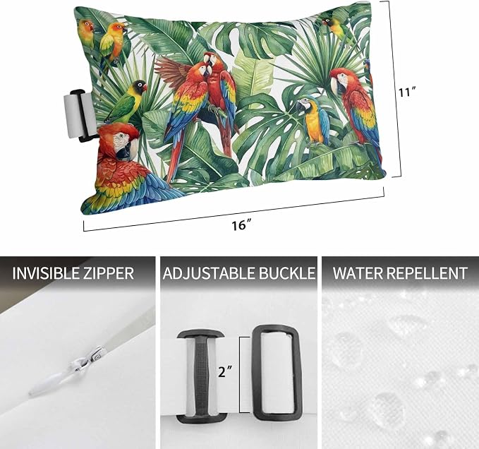 Outdoor Lumbar Pillow Set of 2, Tropical Plants Waterproof Beach Headrest Pillow with Inserts, Summer Rustic Monstera Palm Leaves Birds Green Recliner Throw Pillows for Patio Furniture, 12 x 20