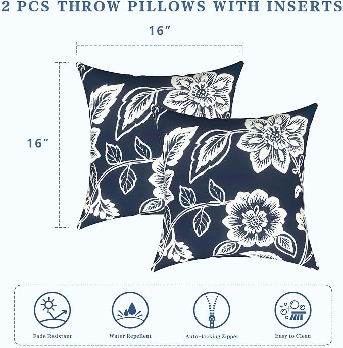 LVTXIII Outdoor Throw Pillows 16x16 Inch, Set of 2 Square Decorative Pillows with Inserts for Patio Furniture, Porch Chair, Garden Sofa, Elegant Vines Navy