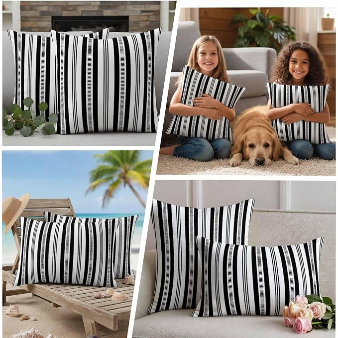 Black Striped Outdoor Waterproof Pillow Covers, Farmhouse Stripes Modern Geometric Decorative Square Throw Pillowcase Sofa Cushion Sham for Patio/Couch/Chair, 20"x20" 2 Pack