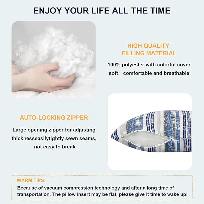 DYTXIII Pack of 2 Waterproof Outdoor Pillow with Inserts, 18x18 Square Patio Decorative Throw Pillow for Home,Sofa,Bench and Patio Furniture,Stripe Layered Blue
