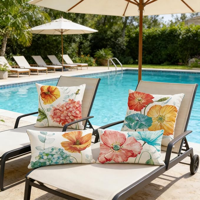 Floral Outdoor Lumbar Throw Pillow Covers Waterproof 12x20, Hydrangea Decor | Lotus Flower Decor, Waterproof, Hydrangea Pillow Covers, Set of 4, Outdoor Lumbar Pillows for Garden Porch Patio Furniture