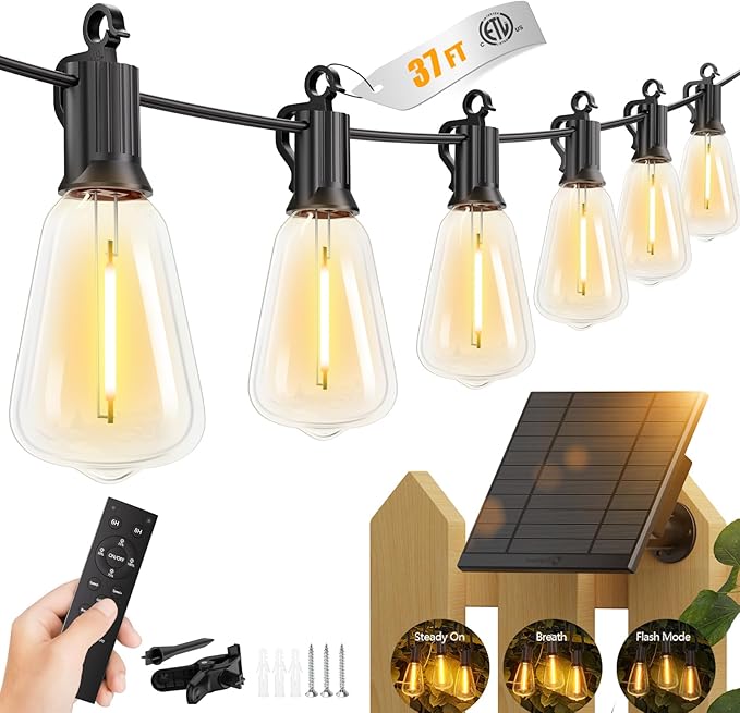 Brightown 37FT Solar String Lights Outdoor, 10+1 Shatterproof LED Lights | Waterproof, Remote Control, Dimmable, Timer, 3 Light Modes, Commercial Grade Patio Lights for Garden, Backyard, Party Decor