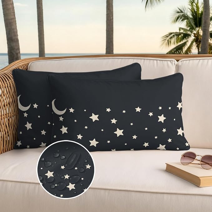 Stars Moon Waterproof Outdoor Pillow Covers Set of 2 Home Decor, Starry Night Black Lumbar Pillowcase Patio Pillow Covers for Couch Bench Patio Furniture Garden 20x12in