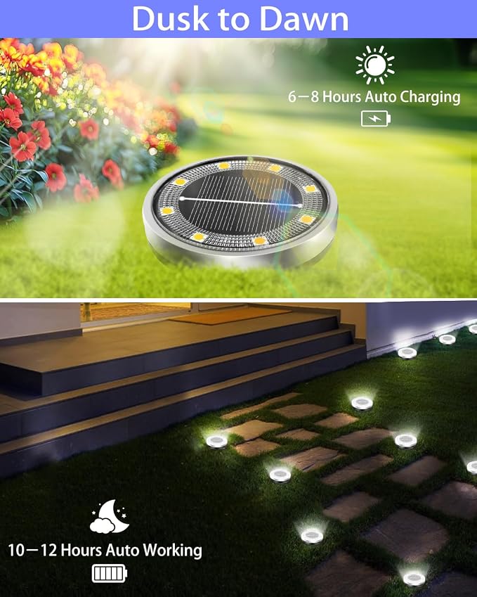 Solar Lights Outdoor Waterproof, 18 Pack 8 LED, Thickened Stainless Steel Ground Light, Solar Garden Lights Landscape Lighting for Patio Pathway Lawn Yard Deck Driveway Walkway, Cool White