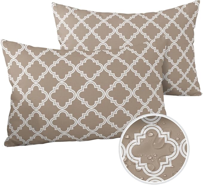 Outdoor Waterproof Pillow Covers for Patio Furniture Moroccan Pattern Decorative Throw Pillow Cover Beige Pillowcases Set of 2 Cushion Case for Sofa Couch Chair Home Decor 20x12 inch