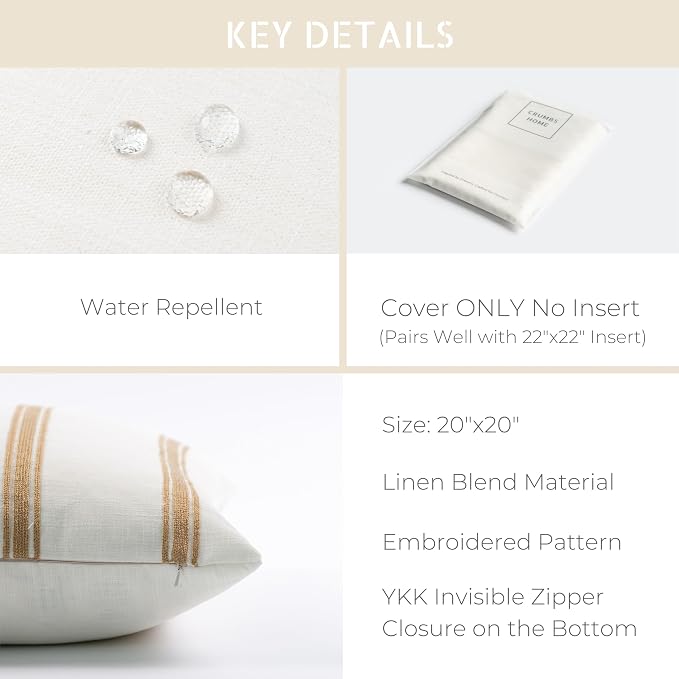 Modern Farmhouse Fall Linen Indoor Outdoor Throw Pillow Cover Only, 20"x20" Water Repellent for Patio, Backyard, Couch, Neutral Ivory Cream Embroidered Stripes