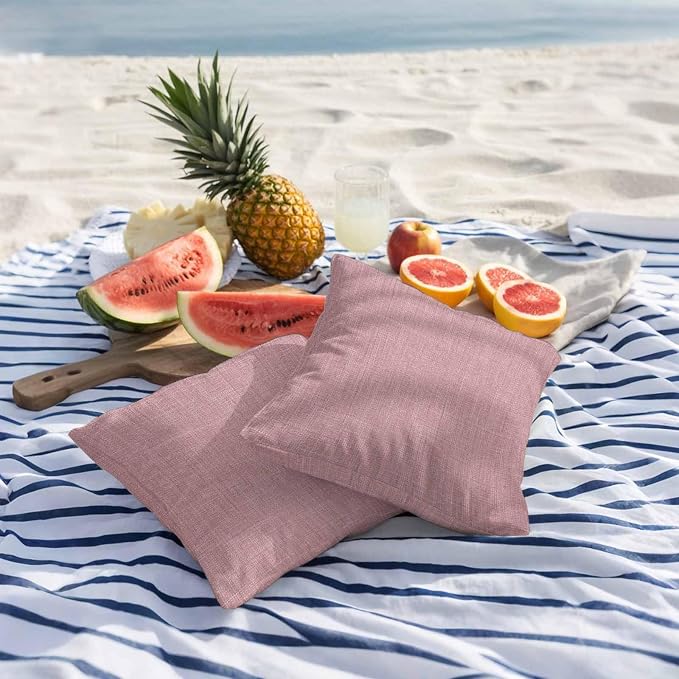 Outdoor Waterproof Throw Pillow Covers Set of 2 Pink Linen Pillowcases 26x26 Inches Farmhouse Pure Color Decorative Pillows Cushion Case Patio Pillows for Couch Bed Chair Garden
