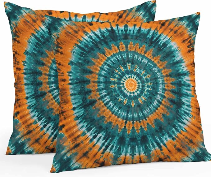 Vandarllin Outdoor Throw Pillows Covers 18x18 inch Set of 2 Waterproof Turquoise Orange Tie-Dye Art Decorative Zippered Cushion Covers for Patio Furniture, Abstract Boho Tribe Lumbar Pillowcases