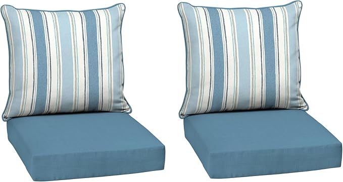Arden Outdoor Deep Seat Cushion Set, 2-Pack, 24x24, French Blue Stripe | Outdoor Sofa, Couch, Conversation Set, Weather-Proof, Rain-Proof, Fade Resistant for Chair, Mold and Mildew Resistant