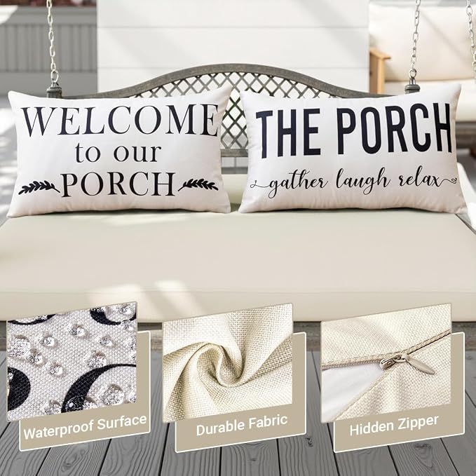 Porch Decor White Outdoor Lumbar Pillow Covers Waterproof 12x20 for Patio | Set of 2, Patio Decor, Porch Pillows, Outdoor Pillows Waterproof, Outdoor Pillows for Patio Furniture, Weather Resistant