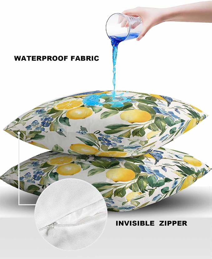Outdoor Throw Pillow Covers Waterproof Pillow Cases 26x26In, Watercolor Lemon Bird Decorative Pillow Covers Cushion Cases for Couch Sofa Patio Garden,2 Pack Vintage Spring Blue Flower Foliage