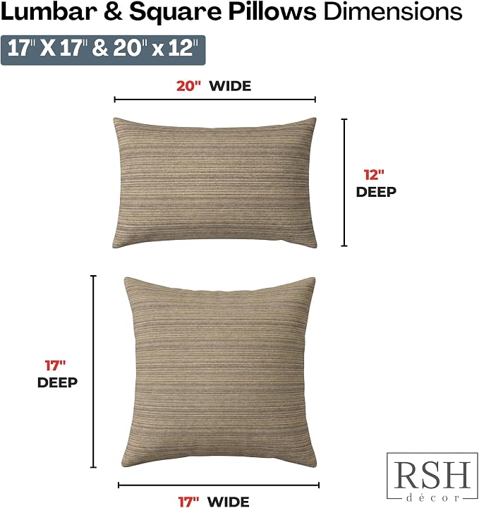 RSH DECOR: Sunbrella Lumbar & Square Pillows Set of 4 | 20" x 12" & 17" x 17" | Water and Fade-Resistant Performance Fabric | Outdoor Throw Pillows for Patio Furniture | Made in USA (Current Slate)