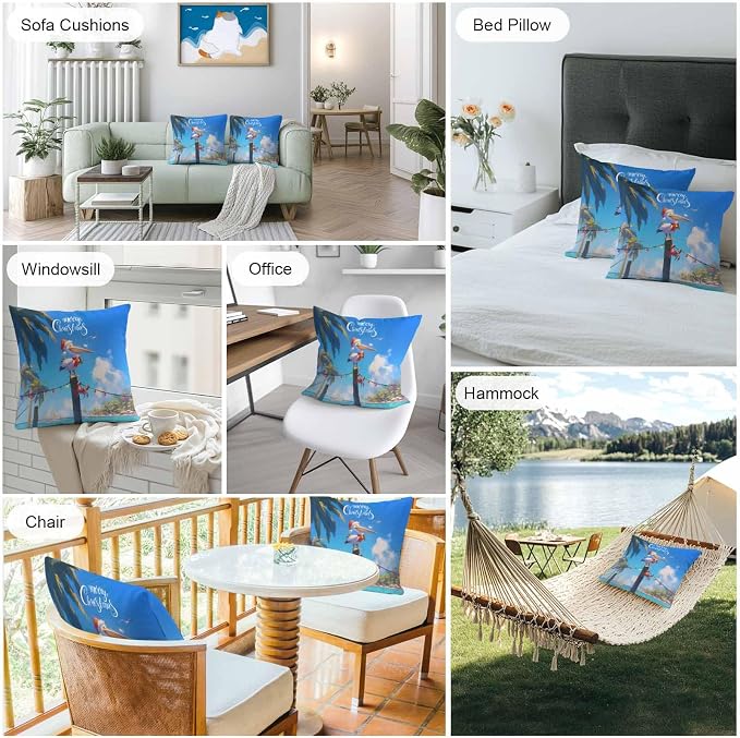 Vandarllin Christmas Outdoor Throw Pillows Covers 26x26 inch Set of 2 Waterproof Pelican Crab Decorative Zippered Cushion Covers for Patio Furniture, Palm Trees Beach Blue Sky Lumbar Pillowcases