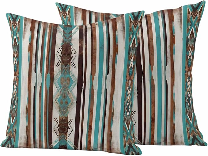 Ethnic Tribal Diamond Outdoor Pillow Covers 18"x18" Set of 2, Boho Abstract Teal Brown Stripes Diamond Waterproof Throw Pillow Covers for Patio Furniture, Decorative Cushion Covers for Porch