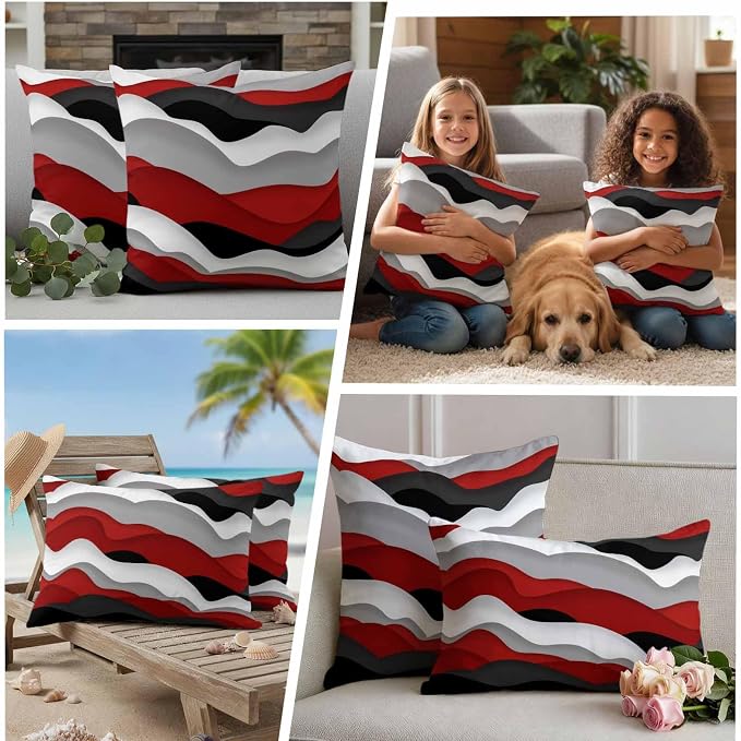 Ocean Waves Outdoor Waterproof Throw Pillow Covers Set of 2, 18"x18", Black Red Wave Gradient Decorative Pillow Covers Outside Cushion Case for Patio Porch Garden
