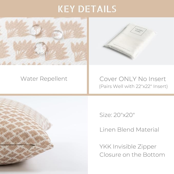 Modern Farmhouse Fall Linen Indoor Outdoor Throw Pillow Cover Only, 20"x20" Water Repellent for Patio, Backyard, Couch, Ivory Cream Ravenala Palm Tree