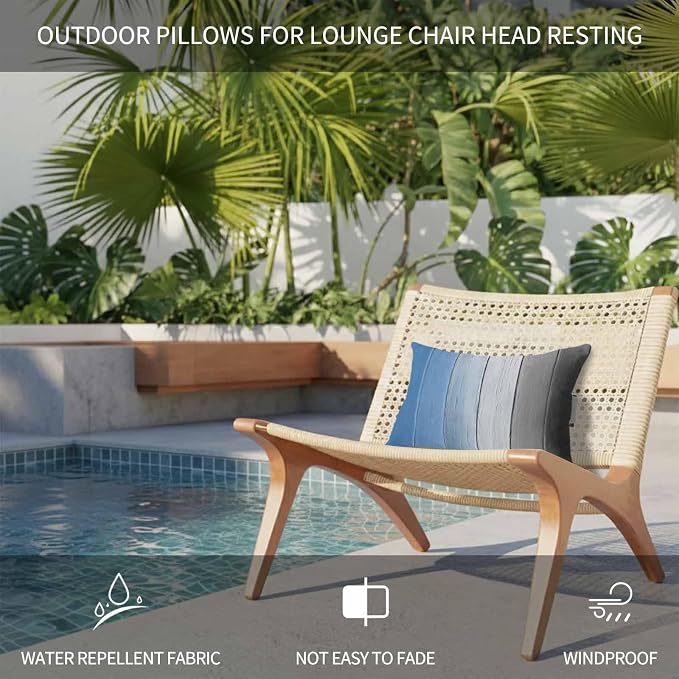 Blue Gray Ombre Outdoor Pillows for Chaise Lounge Chair Beach Headrest Pillow Set of 2 Waterproof Lumbar Pillows with Insert&Strap Vintage Country Wooden Recliner Neck Pillow for Patio Pool 11"x16"