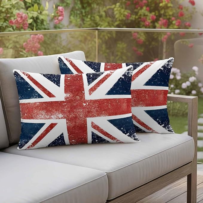 4th of July Outdoor Throw Pillows Covers 20x12 inch Set of 2 Waterproof British Flag Decorative Zippered Cushion Covers for Patio Furniture, Vintage Mottled National Flag Lumbar Pillowcases