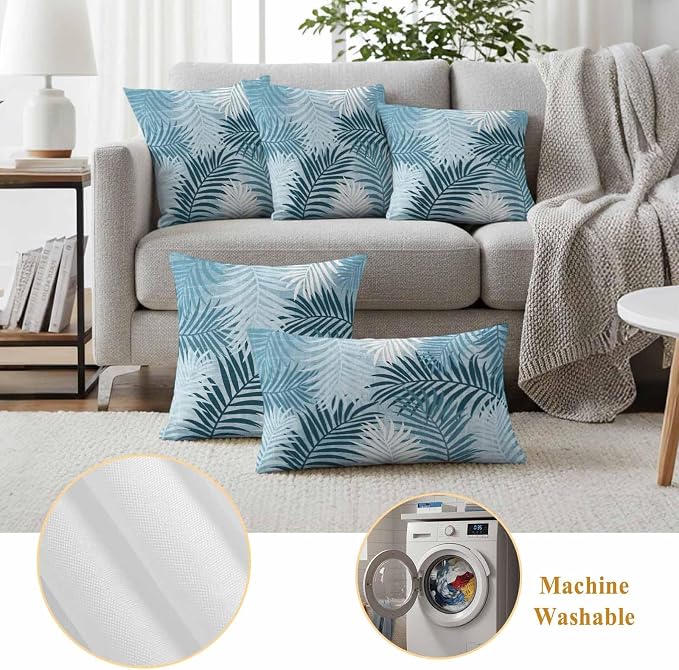 Outdoor Waterproof Throw Pillow Covers, Blue Teal Palm Leaves Decorative Pillow Cases, Summer Botanical Tropical Leaf Couch Pillow Protector Patio Sofa Cushion Covers Replacement 16"x16" 2 Pack