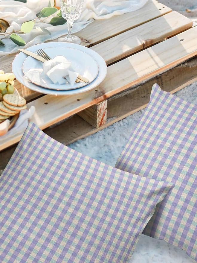 Outdoor Waterproof Throw Pillow Covers Set of 2 Purple Buffalo Plaid Pillowcases 20x20 Inches Linen Classic Checked Patio Decorative Pillows Cushion Case Patio Pillows for Couch Bed Chair Garden