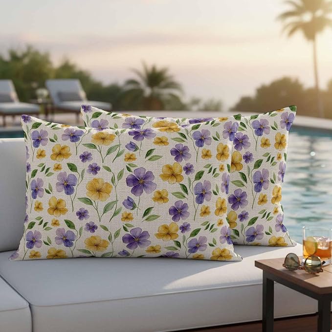 Purple Yellow Flower Outdoor Pillow Covers Set of 2 Spring Green Leaf Watercolor Floral Farm Waterproof Throw Pillow Cover Decorative Cushion Cases for Patio Porch Garden 20X12 Inch