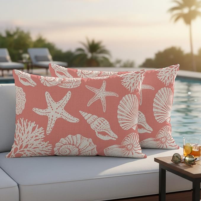 Waterproof Pillow Covers Set of 2 12x20 Inch Ocean Coastal Outdoor Lumbar Cushion Covers Shells Starfish Conch Coral Red Linen Decorative Pillow Cases for Patio, Sofa, Couch, Garden