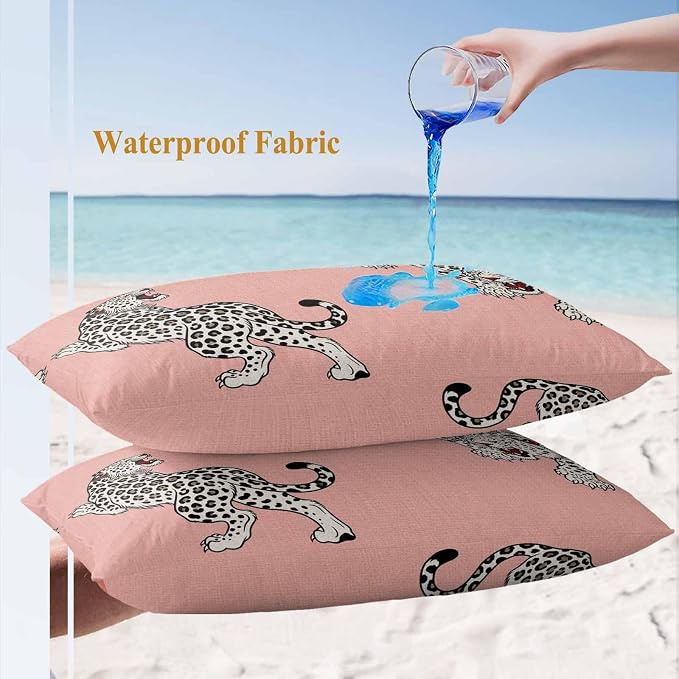 Vandarllin Outdoor Throw Pillows Covers 20x12 inch Set of 2 Waterproof Pink Leopard Decorative Zippered Cushion Covers for Patio Furniture, Bohemian Animal Print Lumbar Pillowcases
