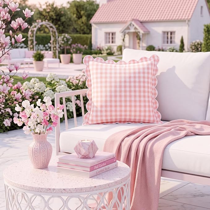 Gingham Scalloped Throw Pillow Cover 20"x20",Pink