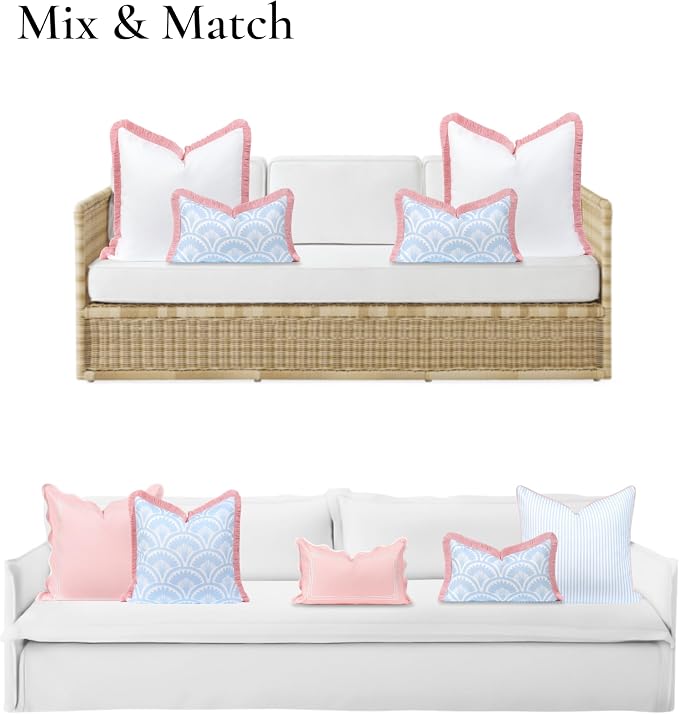 Hofdeco Premium Coastal Grandmillennial Patio Indoor Outdoor Lumbar Pillow Cover Only, 12"x20" Water Repellent for Backyard, Couch, Poolside, Baby Blue Pink Print Tropical Ravenala Palm Tree