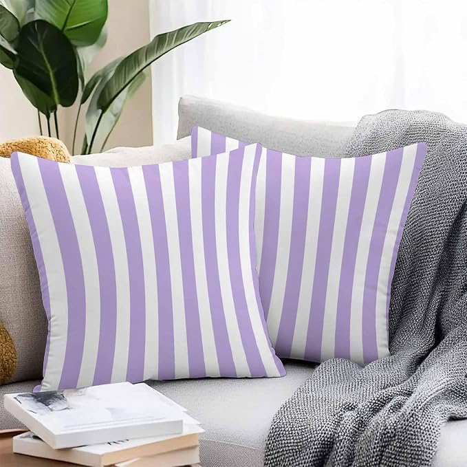 Purple Striped Outdoor Waterproof Throw Pillow Covers 26x26 Set of 2, Modern Farmhouse Purple White Stripes Decorative Pillowcases Cushion Pillowcase for Couch Sofa Patio Outside Pillow Protector