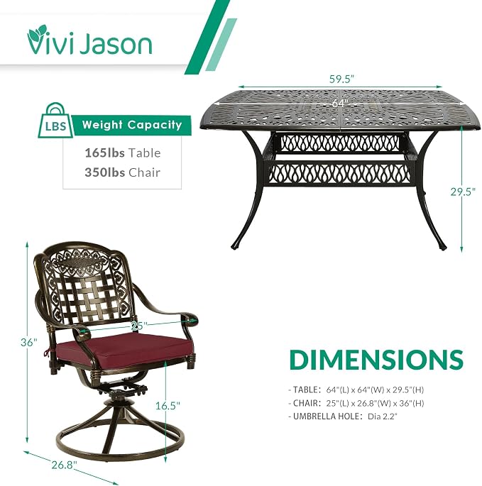 VIVIJASON 9-Piece Outdoor Dining Furniture Set, Cast Aluminum Patio Table & Chairs Set for 8, Include Large 64" Square Dining Table and 8 Swivel Rocker Chairs with Umbrella Hole, Red