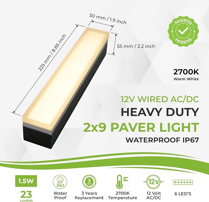 LUMENGY Paver Light 2x9 Inch (1.97x8.85), 2700K Warm White, Glare-Free Brick Lighting for Driveways, Walkways, Pool Decks and Patios, 12V Hardwired, IP67 Waterproof, Drive-Over Rated