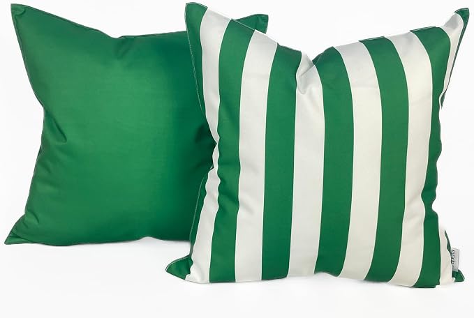 Pack of 2 Solid and Stripe 20''x20'' Outdoor Waterproof Green Throw Pillow Covers Decorative Square Cushion Patio Pillows for Patio Furniture (Amazon)