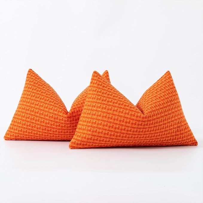 Kevin Textile Outdoor Waterproof 12"x20" Pillow Covers 2 Pack, Orange | Water Resistant Weaving Faux Linen Texture Throw Pillow Covers, Outside Decorative Pillowcases for Garden Patio Balcony Couch