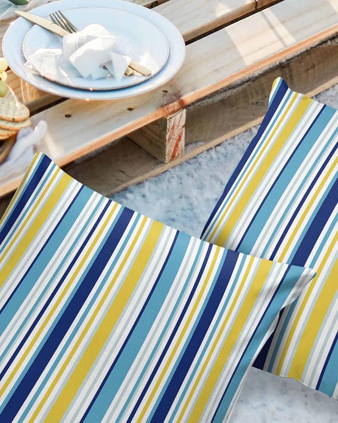 Blue Yellow Striped Outdoor Waterproof Pillow Covers, Farmhouse Navy Blue Ombre Stripes Decorative Square Throw Pillowcase Sofa Cushion Sham for Patio/Couch/Chair, 18"x18" 2 Pack