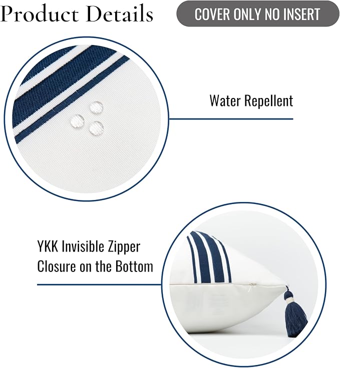 Hofdeco Premium Coastal Patio Indoor Outdoor Throw Pillow Cover Only, 20"x20" Water Repellent for Backyard, Couch, Navy Blue Embroidered Stripes with Tassels
