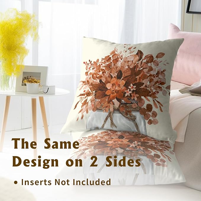 Fall Eucalyptus Throw Pillow Cover 18x18 Inch Set of 2, Autumn Leaves Branches Plants Farmhouse Decorative Cushion Pillowcase for Sofa Couch Livingroom Festival Thanksgiving Decor