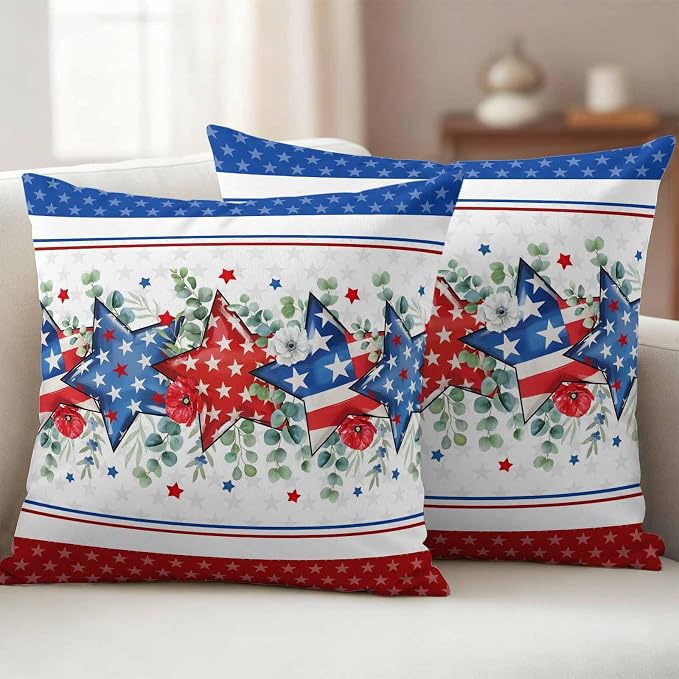 Independence Day Star Outdoor Pillow Covers 26"x26" Set of 2, Waterproof Throw Pillow Covers for Patio Furniture, Farm Red Blue White Star Eucalyptus Leaves Decorative Cushion Covers for Porch