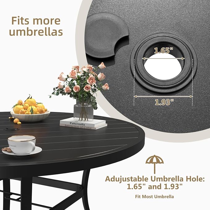 MELLCOM 47.4'' Round Outdoor Dining Table for 4-6, Metal Patio Dining Table with Umbrella Hole, All-Weather Black Table for Porch, Garden, Backyard, Poolside, Lawn