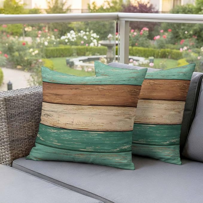 Farmhouse Teal Brown Outdoor Waterproof Pillow Covers, Vintage Wooden Striped Decorative Square Throw Pillowcase Sofa Cushion Sham for Patio/Couch/Chair, 26"x26" 2 Pack