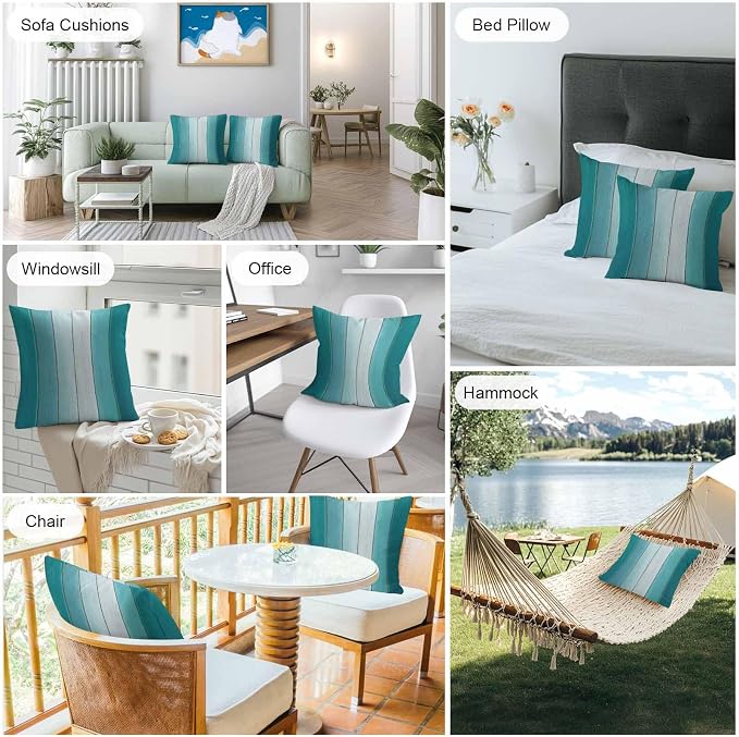 Throw Pillow Covers 20x20 Inch Set of 2, Aqua Ombre Waterproof Outdoor Cushion Covers, Vintage Country Wooden Decorative Pillowcases for Couch, Sofa, Bed, Garden, Patio