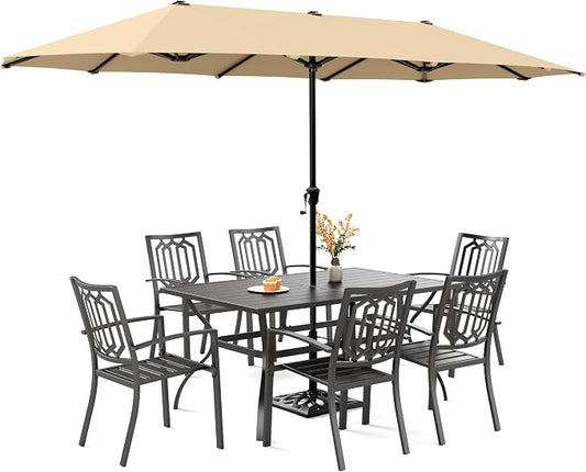 Sophia & William Patio Dining Set for 6 with 13ft Double-Sided Umbrella | 8 Piece Metal Outdoor Table Furniture Set, 6 Outdoor Chairs, 1 Rectangle Dining Table and 1 Large Beige Umbrella