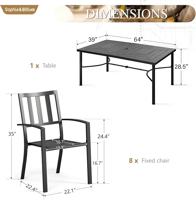 Sophia & William Patio Table and Chairs Set, Outdoor Dining Set for 6, 7 Piece Metal Patio Furniture, 64" Black Rectangular Table(Stripe)
