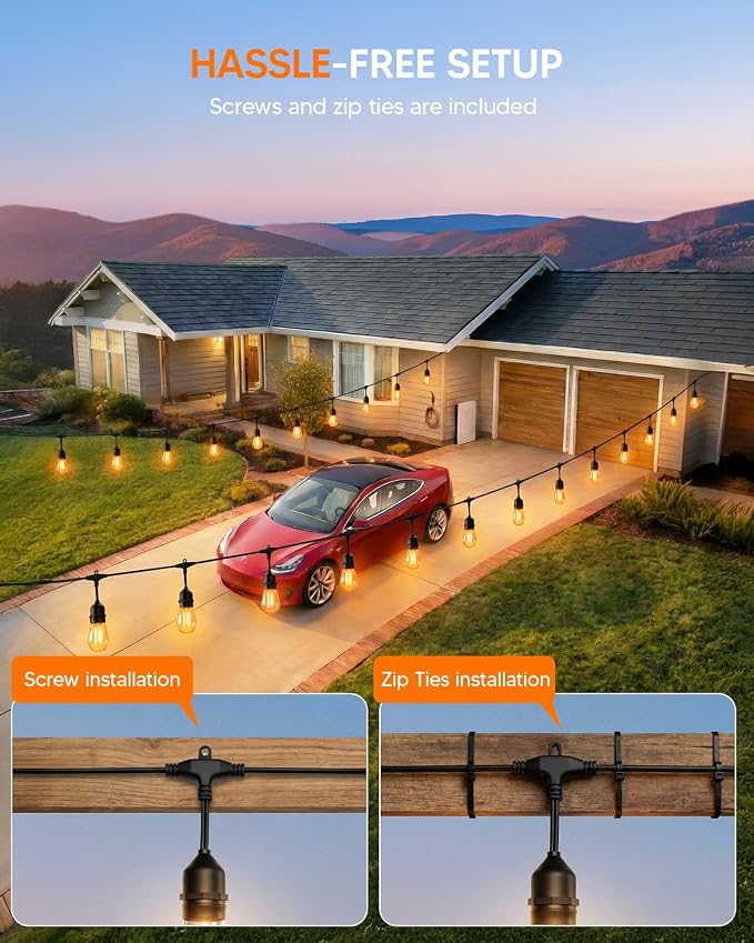 25FT S14 Outdoor String Lights, 15+2 Shatterproof Bulbs 2W, 1.5FT Spacing IP65 Waterproof| Dimmable with Remote, Heavy-Duty, Include Screw & Zip Ties for Patio Backyard Holiday Outside